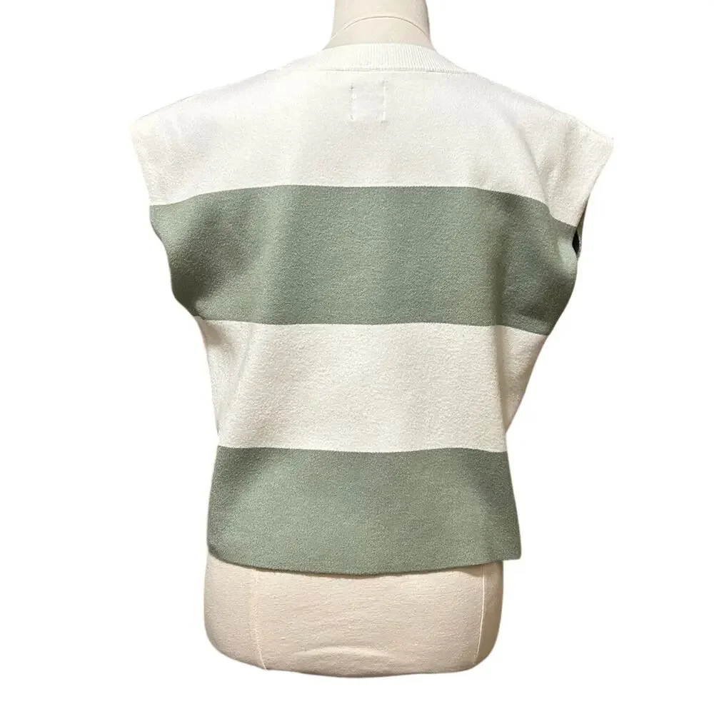 Maeve Anthropologie Sweater Vest Women's Size Med Green Ivory Striped Knit Top - Picture 3 of 9